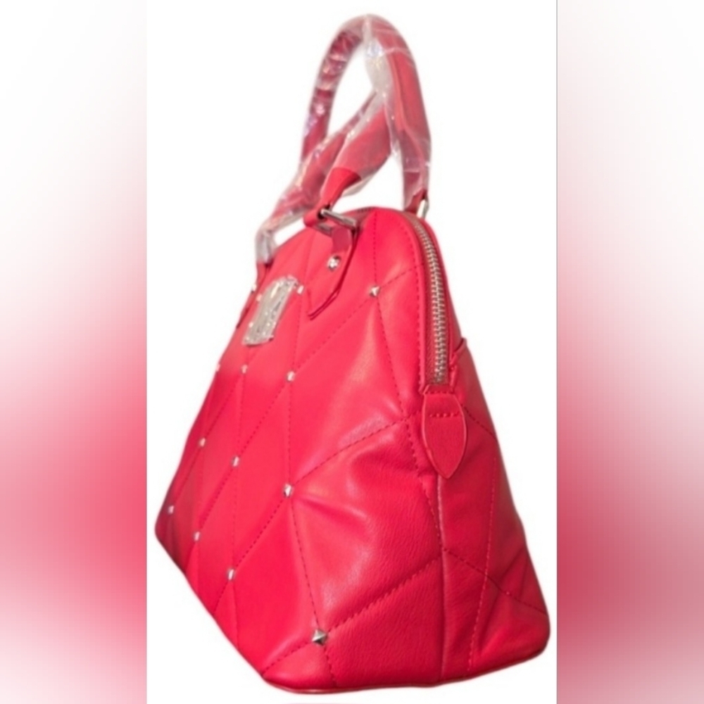 Badgley Mischka Red Quilted Satchell With Silver Accents, New! - Picture 5 of 7